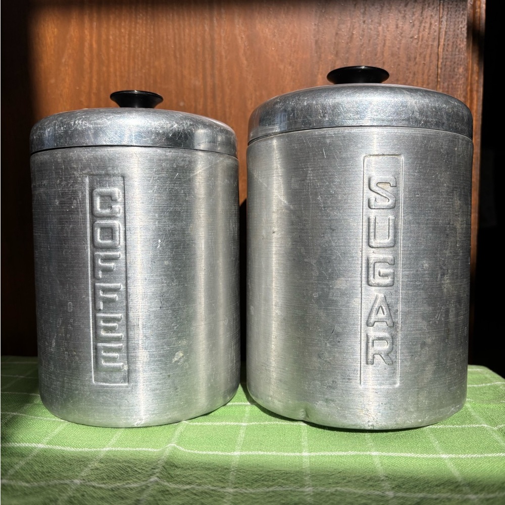 Vintage Brushed Aluminum Coffee and Sugar Nesting Canisters